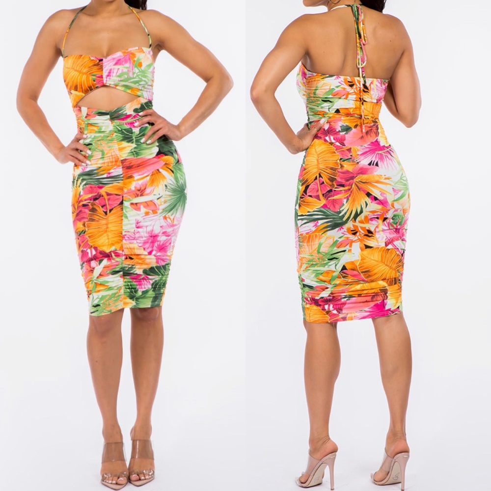 Meilani-tropical print double layered ruched cut out mini  dress 🏝